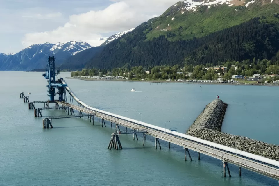 An oil line extends into Resurrection Bay in Seward, Alaska.